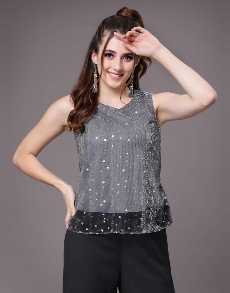 Party Sleeveless Embellished Women Grey Top