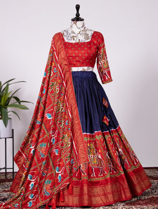 Patan Patola Style Red and Blue Silk Lehenga Choli Set - A Symphony of Elegance