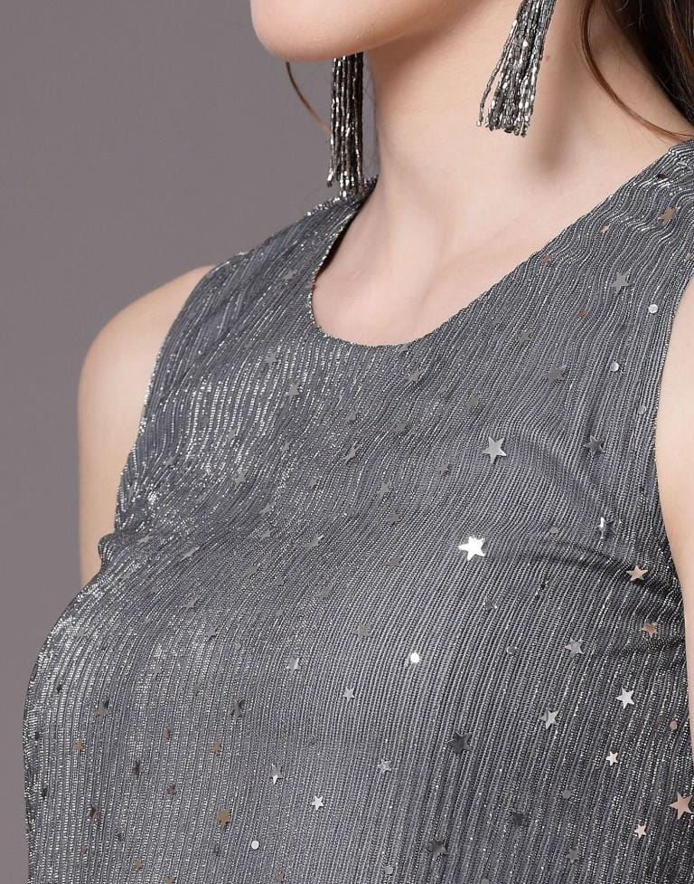 Party Sleeveless Embellished Women Grey Top