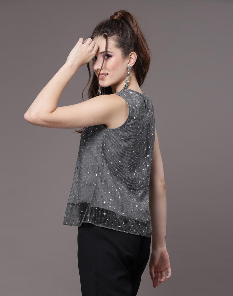 Party Sleeveless Embellished Women Grey Top