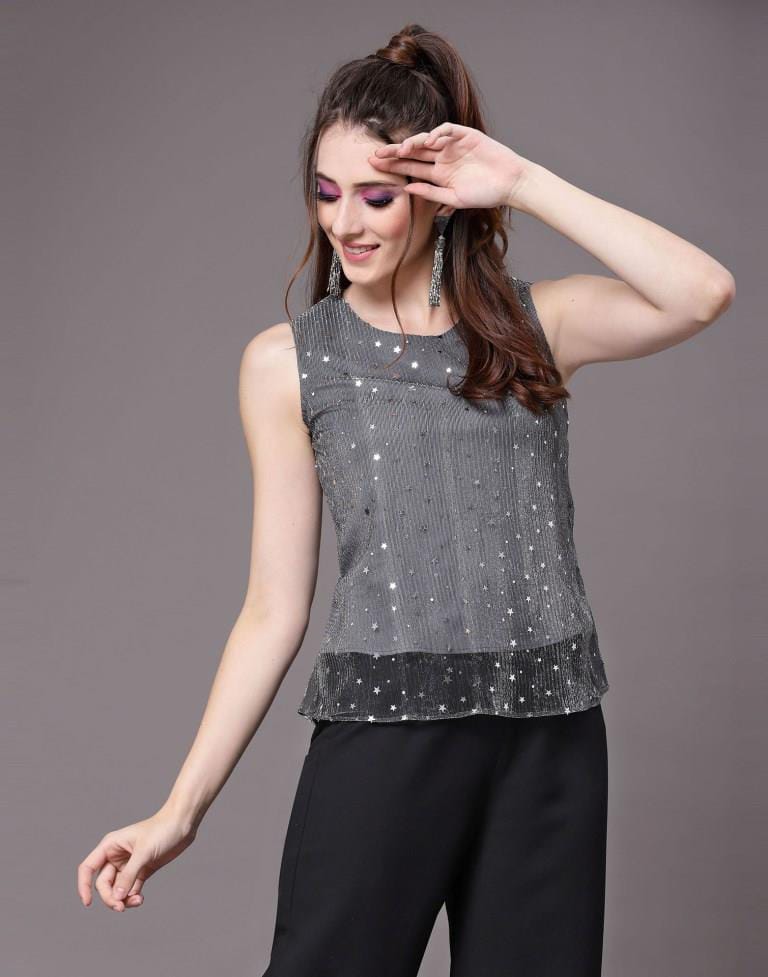 Party Sleeveless Embellished Women Grey Top