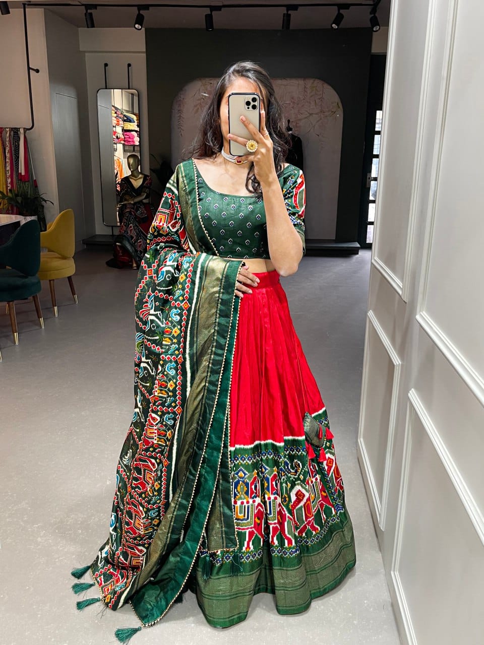 Patan Patola Style Green and Red Silk Lehenga Choli Set - A Tapestry of Elegance