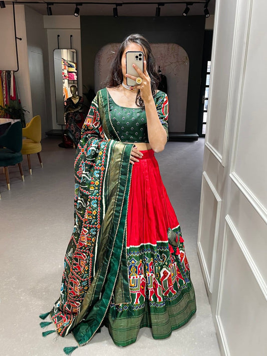 Patan Patola Style Green and Red Silk Lehenga Choli Set - A Tapestry of Elegance