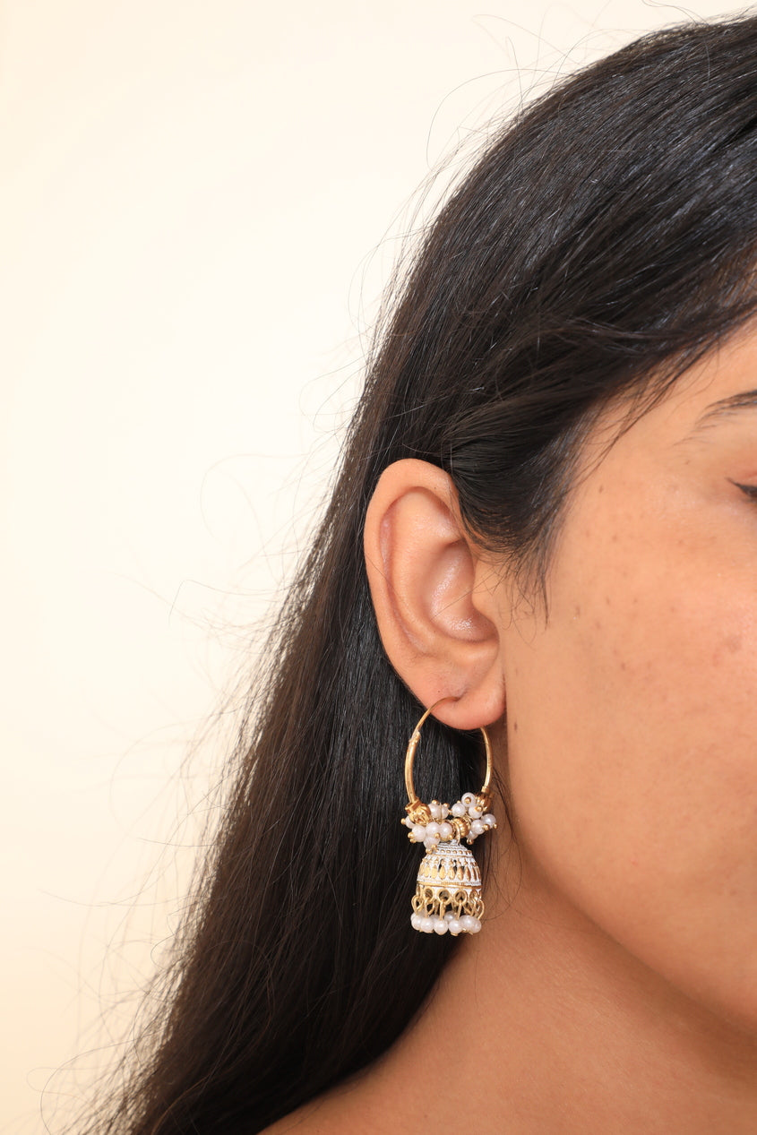 Gold Toned Hoop Bali with dropped white Perls Earrings