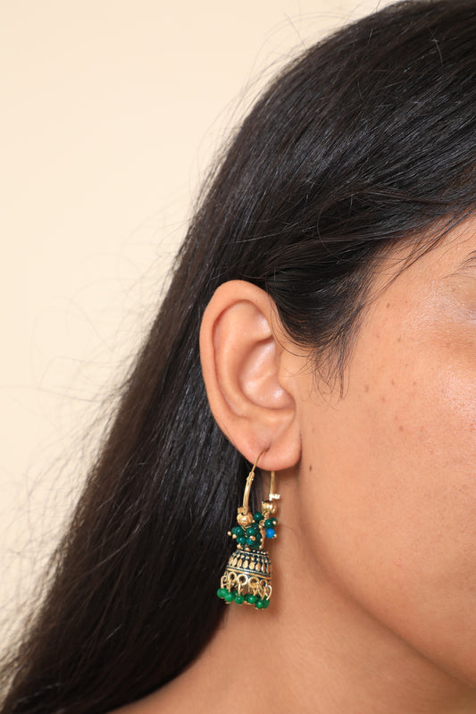 Green Beaded Meenakari Jhumka Earrings