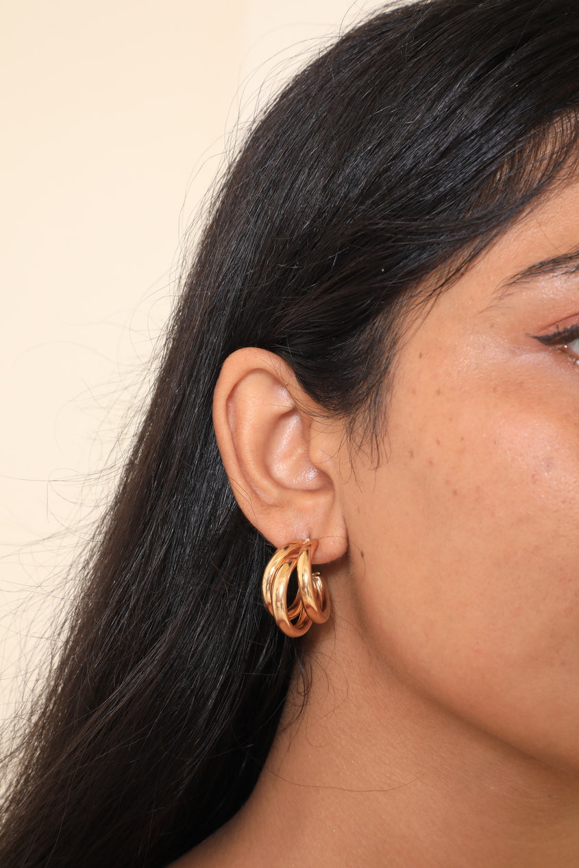 Three Gold Rings Welding Glossy Stud Earrings