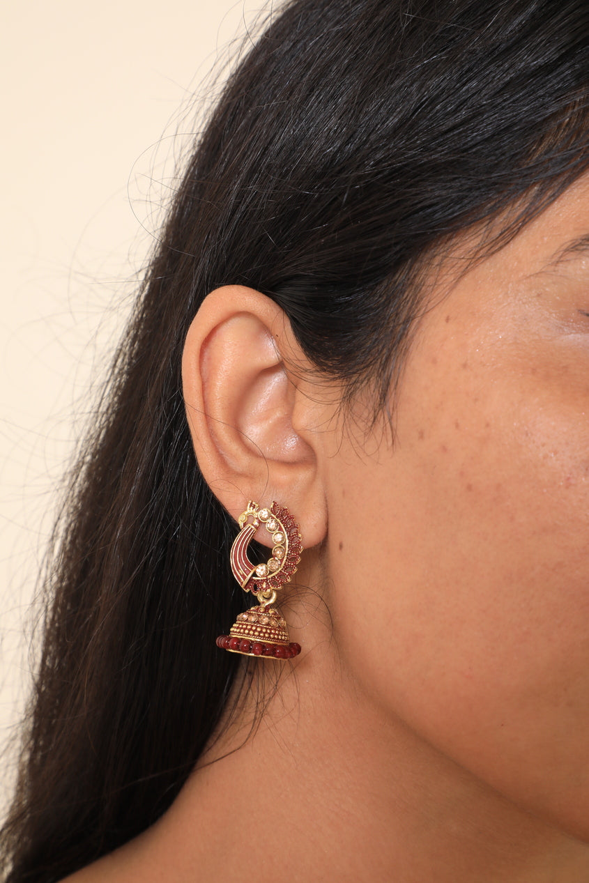 Gold-Toned & Red Stone Studded & Beaded Dome Shaped Jhumkas Earrings