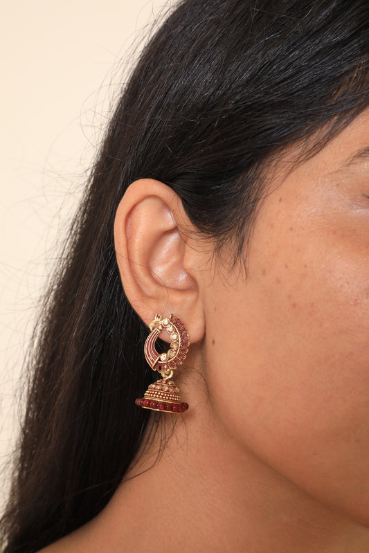 Gold-Toned & Red Stone Studded & Beaded Dome Shaped Jhumkas Earrings