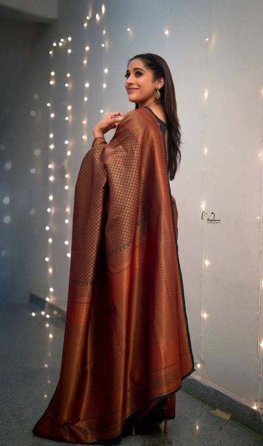 Kanjivaram Silk Blend Brown Saree - A Tapestry of Tradition and Elegance