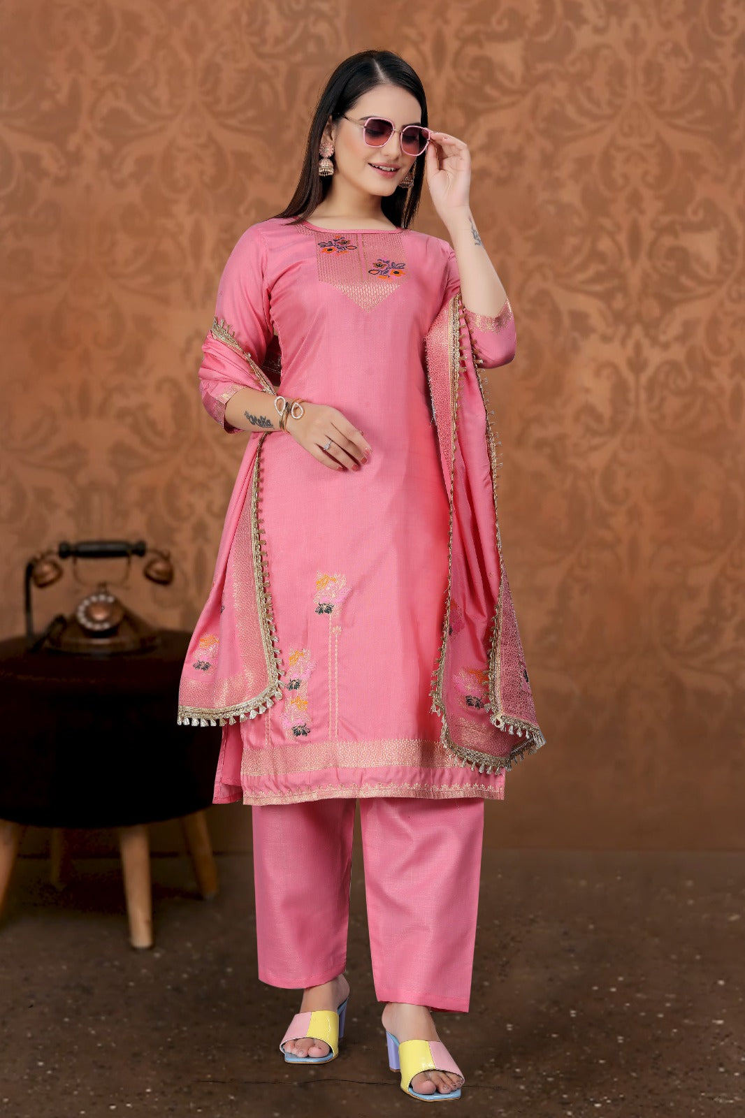 Pink Designer Embroidered Party Wear Georgette Pant Suit - Radiant Elegance