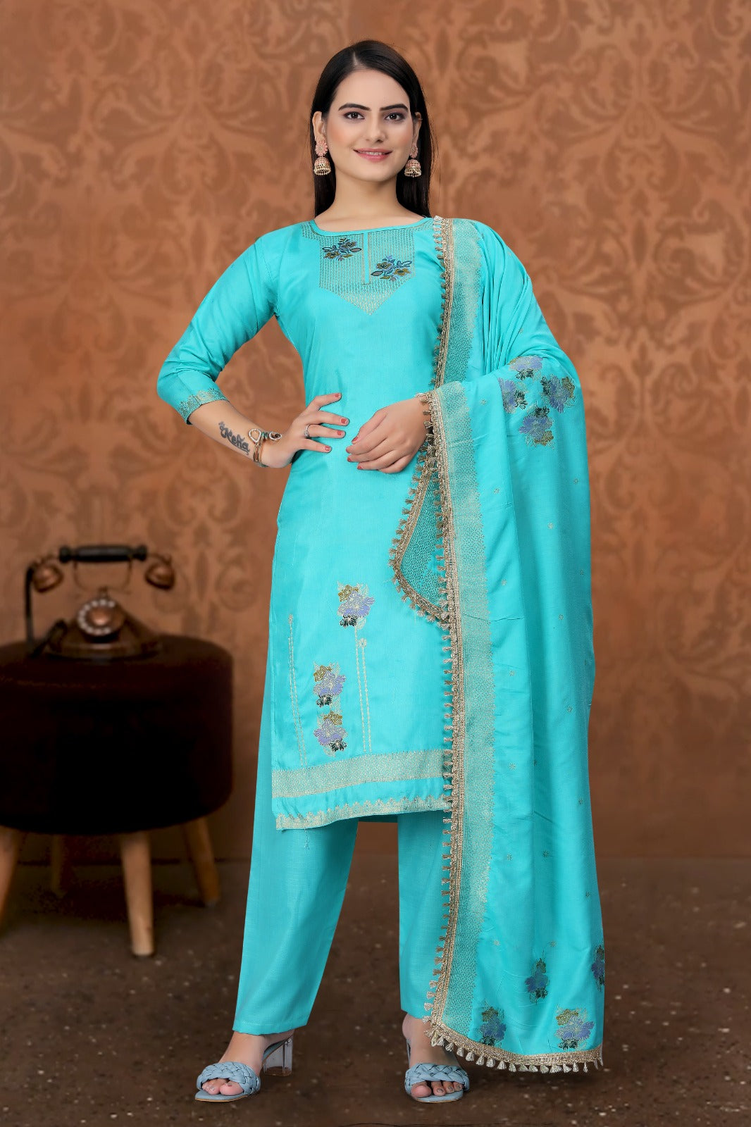 Blue Designer Embroidered Party Wear Georgette Pant Suit - Elegance in Ocean Hues