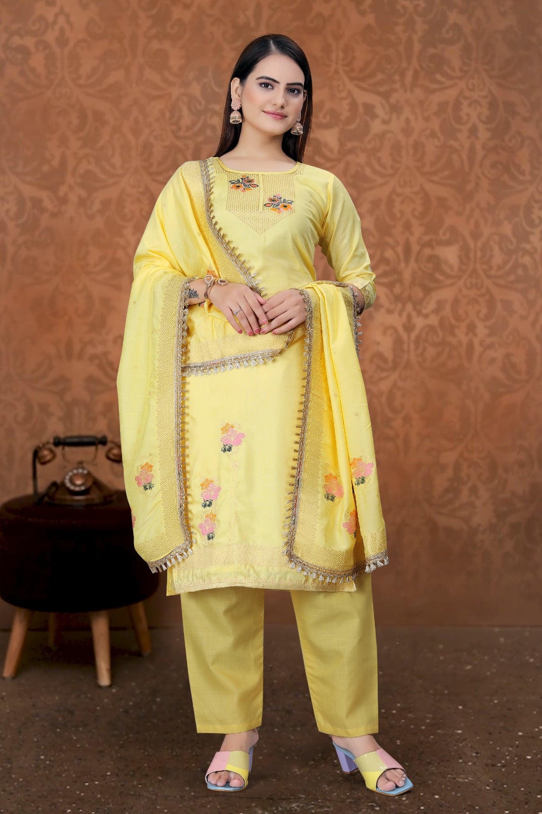 Yellow Designer Embroidered Party Wear Georgette Pant Suit - Elegance in Every Stitch