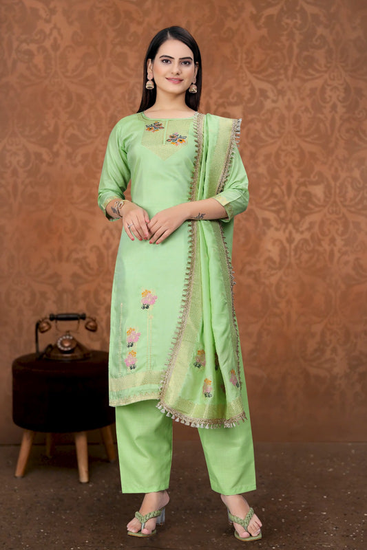 Pista Green Designer Embroidered Party Wear Georgette Pant Suit - Graceful Sophistication