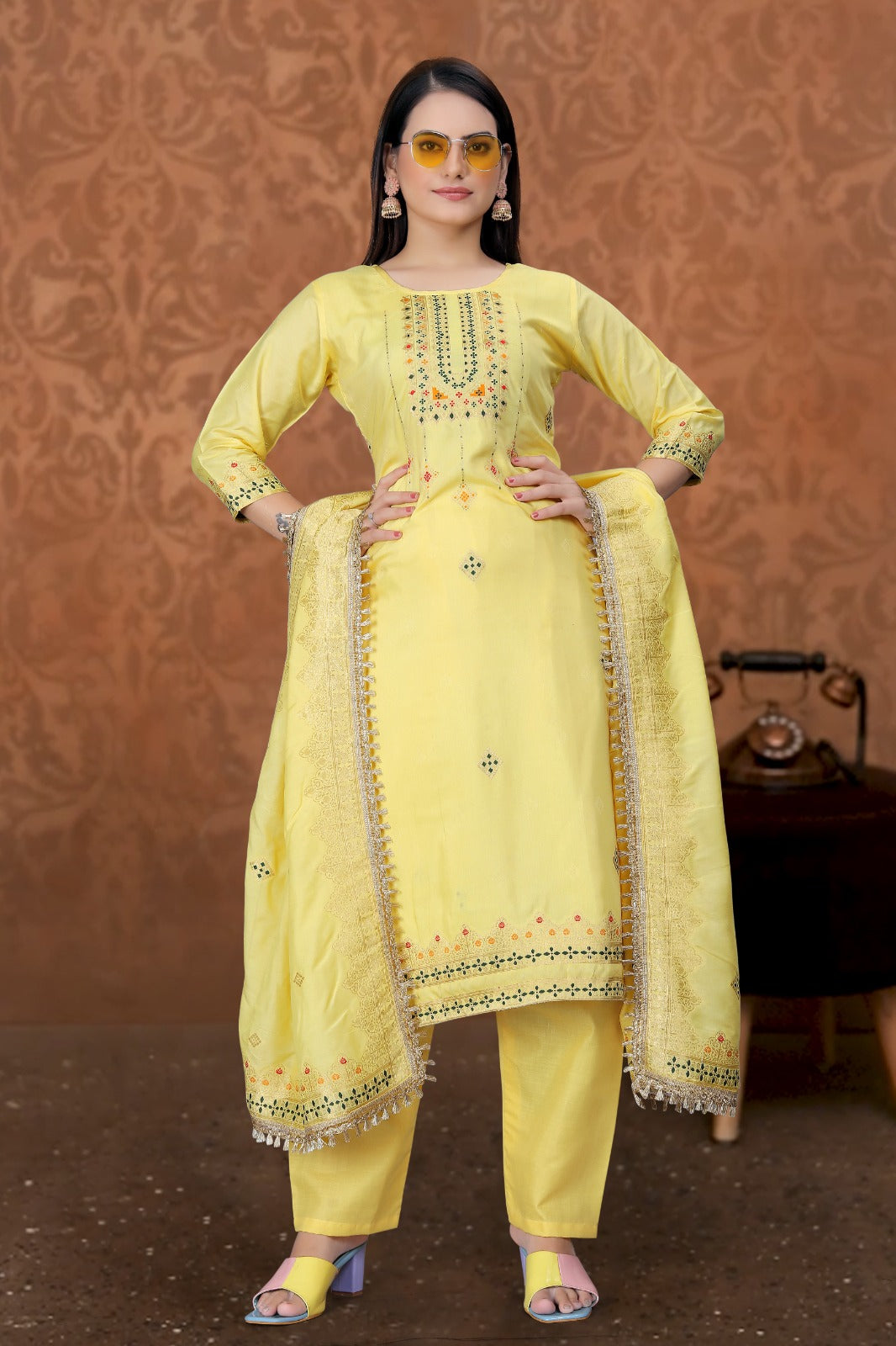 Yellow Designer Embroidered Party Wear Georgette Pant Suit - Elegance in Every Stitch