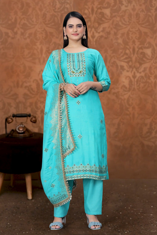 Blue Designer Embroidered Party Wear Georgette Pant Suit - Elegance in Ocean Hues