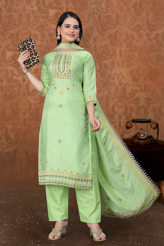 Pista Green Designer Embroidered Party Wear Georgette Pant Suit - Graceful Sophistication