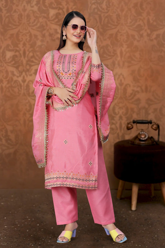 Pink Designer Embroidered Party Wear Georgette Pant Suit - Radiant Elegance