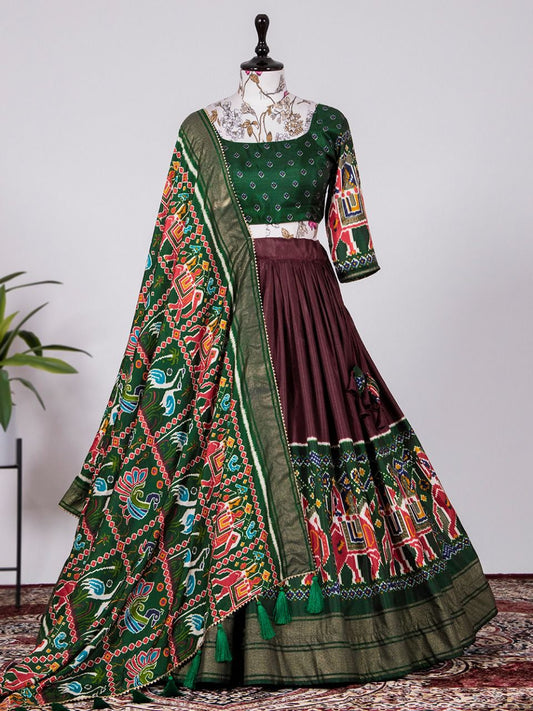 Patan Patola Style Green and Brown Silk Lehenga Choli Set - A Tapestry of Timeless Elegance