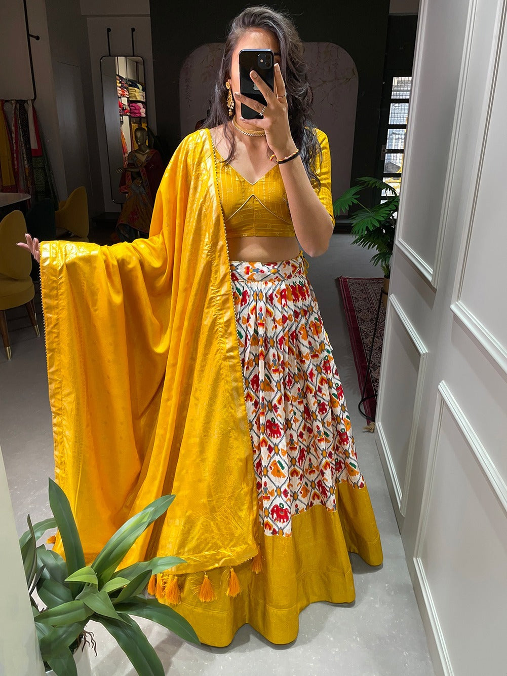 Patan Patola Style Yellow Silk Lehenga Choli Set - Radiant Elegance