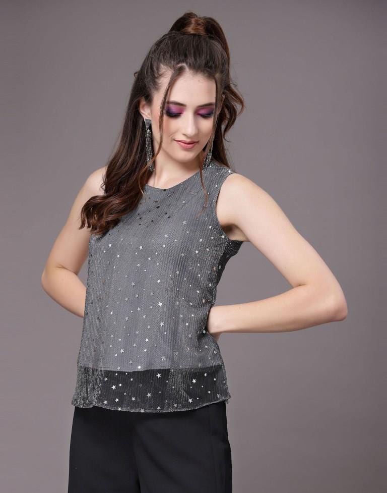 Party Sleeveless Embellished Women Grey Top